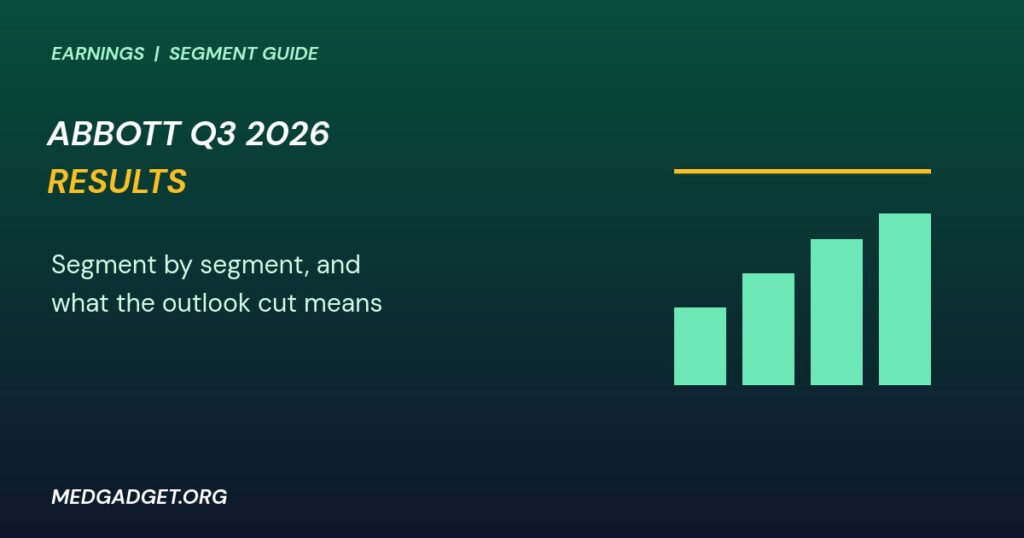 Graphic: Abbott Q3 2026 results shown as four rising green bars with a gold line