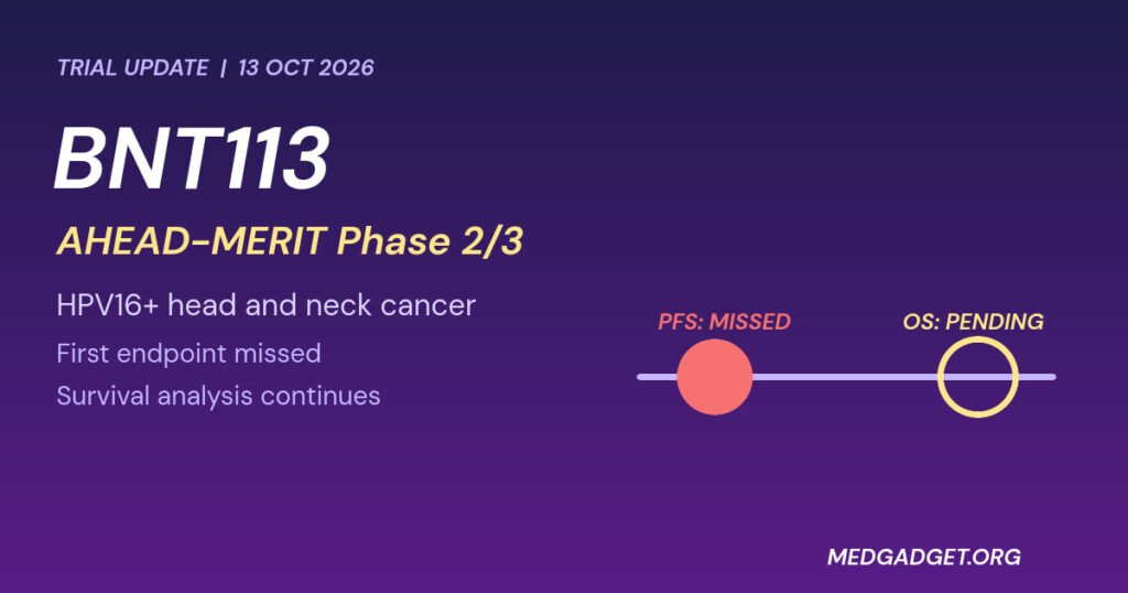Graphic: BNT113 clinical trial, progression-free survival endpoint missed and overall survival pending in HPV16-positive head and neck cancer