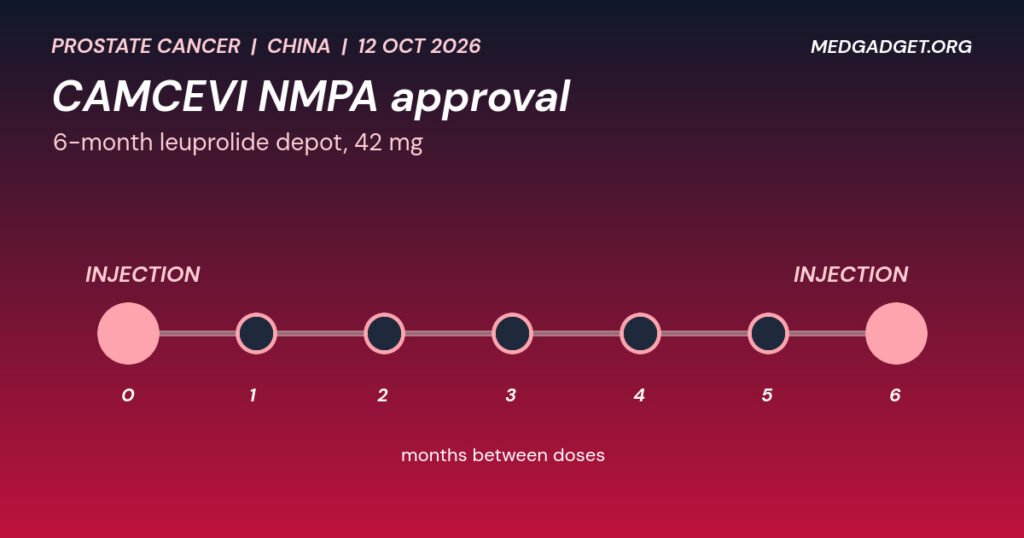 CAMCEVI NMPA approval: timeline graphic showing six months between injections of the leuprolide depot