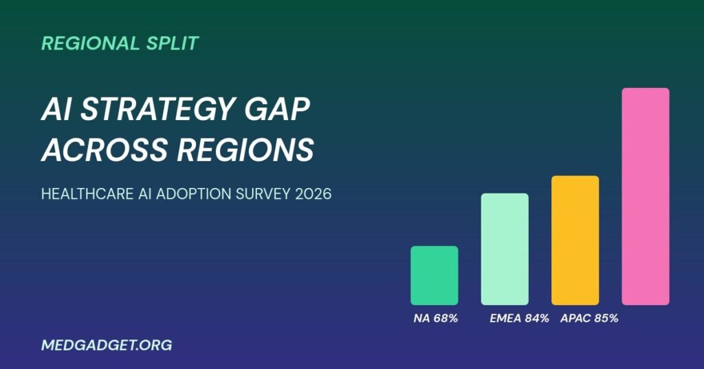 Healthcare AI adoption survey 2026 regional strategy gap chart graphic