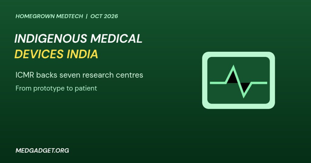 Graphic: indigenous medical devices India with a device screen showing a heartbeat line