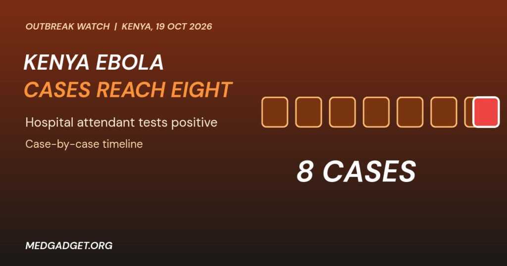 Graphic: Kenya Ebola cases reaching eight, with seven case tiles and the eighth highlighted in red