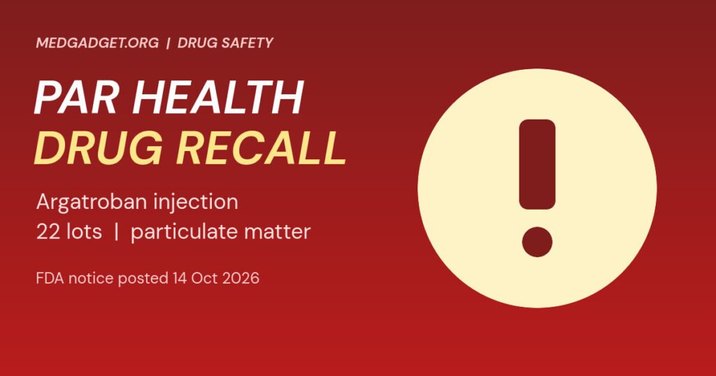 Graphic: Par Health drug recall of argatroban injection, an alert symbol with 22 lots and particulate matter