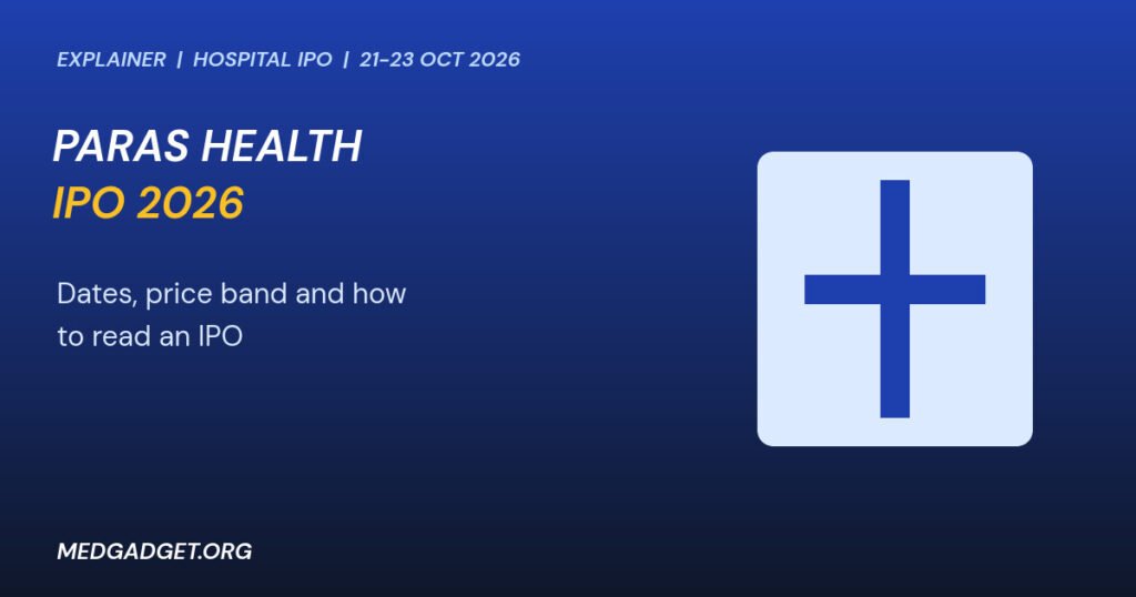 Graphic: Paras Health IPO 2026 shown as a hospital cross symbol