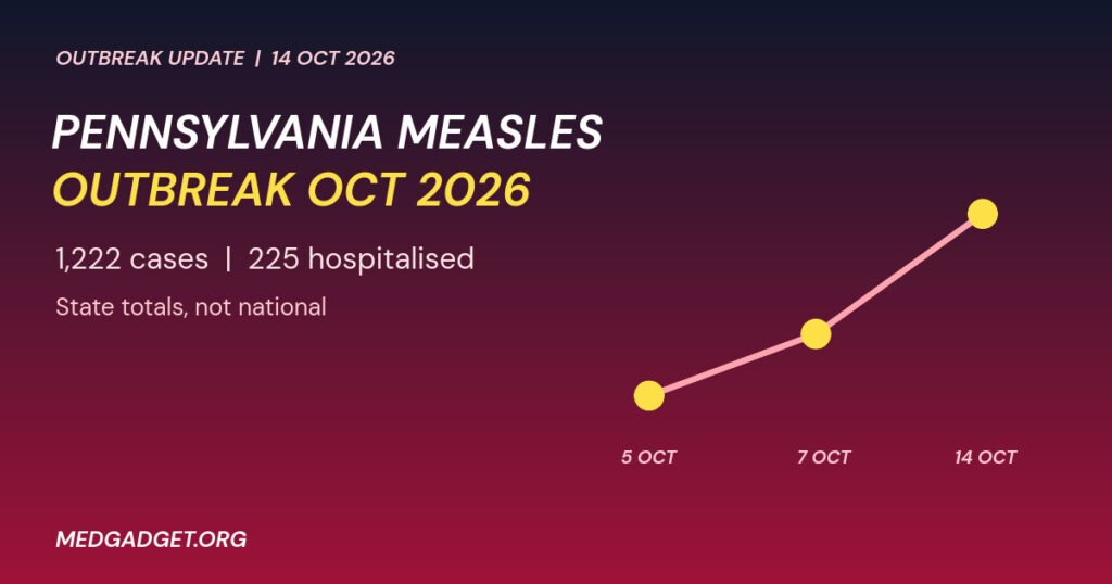 Graphic: Pennsylvania measles outbreak October 2026, case count rising from 1,004 to 1,222 between 5 and 14 October